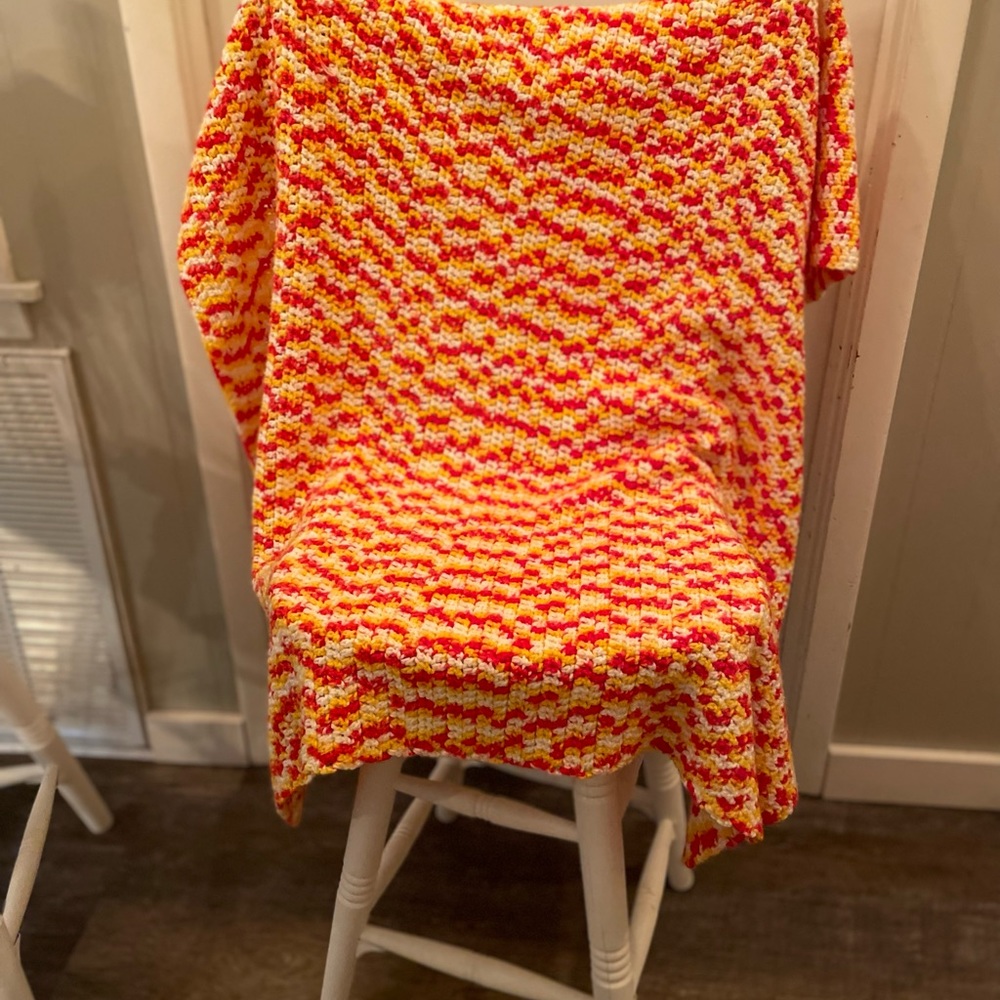 Vintage 70s Crochet retro afghan throw in bright orange yellow white handmade